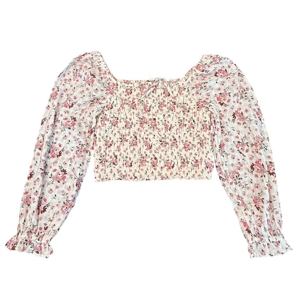 American Eagle Romantic Floral Smocked Crop Top Long Sleeve Square Neck Medium